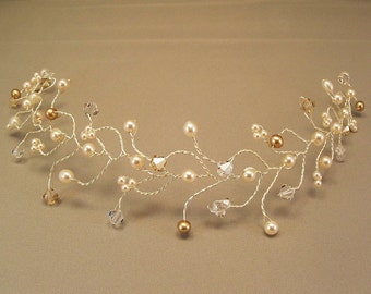 Wedding Hair Vine Tiara, Honey Golden Crystal Blend, Ivory Swarovski Pearls and  Freshwater Pearls