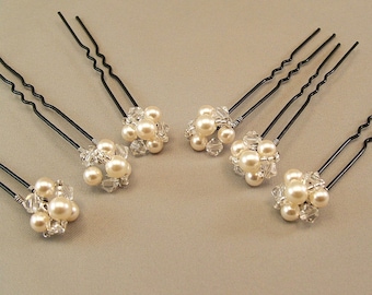 Wedding Hair Accessories, Pearl and Crystal Hairpins, Jeweled Button Hairpins, available with either ivory or white pearls