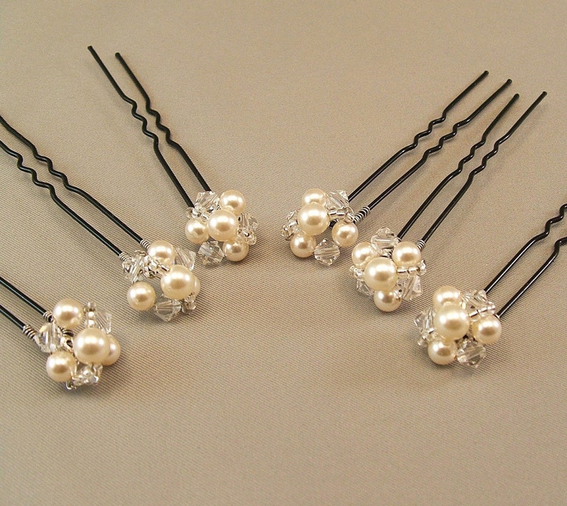 Wedding Hair Accessories, Pearl and Crystal Hairpins, Jeweled Button Hairpins, available with either ivory or white pearls image 1