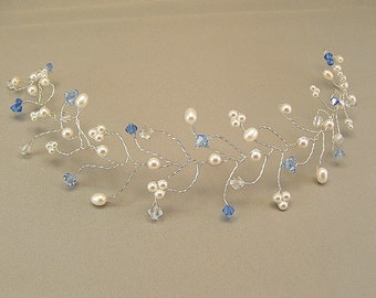 Something Blue Hair Vine Tiara, Bridal Hair Accessory with White Pearls