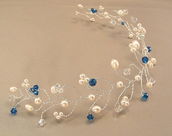 Capri Blue Blend Wedding Gown Tiara, Hair Vine Tiaras, Pearl and Crystal Headpiece, Horizon Blue Weddings