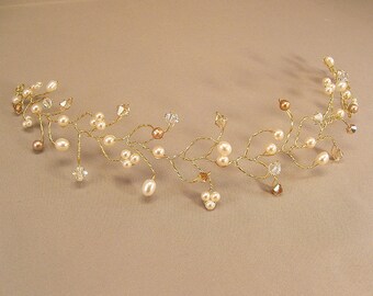 Golden Bridal Hair Vine Tiara, Wedding Hair Accessories, Honey Golden Blend with Gold Wiring