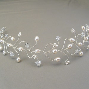 White Pearl Wedding Hair Vine Tiara, Bridal Hair Accessories, Pearl and Crystal Head Piece image 4