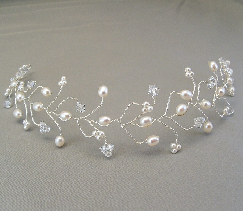 White Pearl Wedding Hair Vine Tiara, Bridal Hair Accessories, Pearl and Crystal Head Piece image 4