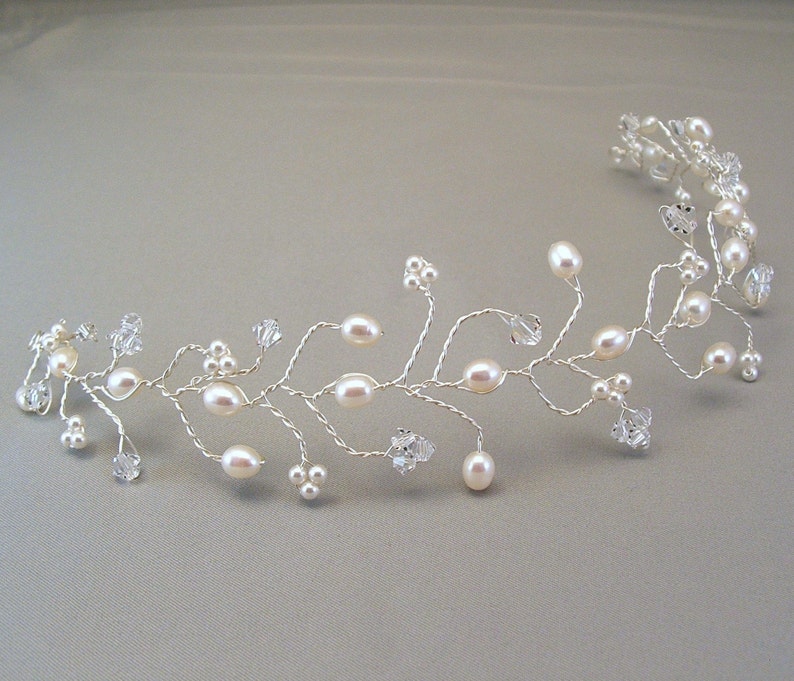 White Pearl Wedding Hair Vine Tiara, Bridal Hair Accessories, Pearl and Crystal Head Piece image 3