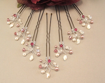 Wedding Hair Accessories, Dusty Rose Fuchsia Blend Crystal Handwired Bridal Hair Pins, Fuchsia Crystal Wedding Hair Pins
