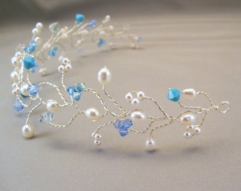 Turquoise Blend Bidal Hair Vine, Turquoise Tiara Headpiece, Aqua Weddings, Turquoise Weddings,  Aqua Crystal Wreath with White Pearls