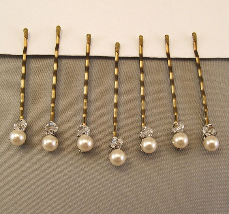 Wedding Hair Accessories Set of Seven Cream Pearl and Crystal Bobby Pins, Choice of Cream or White Pearls available image 3