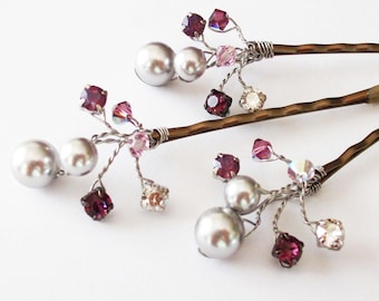 Purple Weddings, Wedding Hair Pins, Fall Weddings, Silver Grey Swarovski Pearls, Purple and Grey, Pearl Hair Clips, Hair Piece