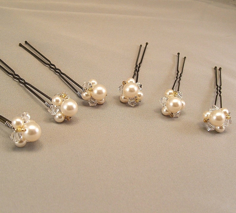 Gold Trim Beaded Wedding Hair Accessories, Gold Blend Hairpins, Pearls and Crystal Jeweled Buttons, Set of 7 Pins image 4