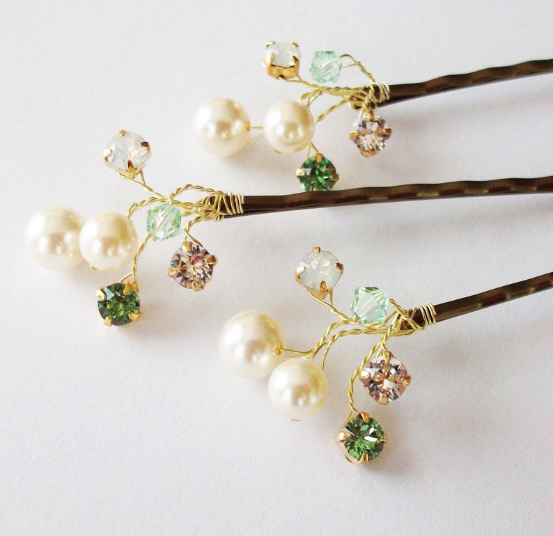 Wedding Hair Accessories,Choice of White or Cream Pearls and Swarovski Elements, Pearl Hair Clips, Green Weddings, Hair Piece image 1