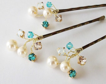 Wedding Hair Accessories,Choice of White or Cream Pearls and Swarovski Elements, Pearl Hair Clips, Turquoise Weddings, Hair Piece