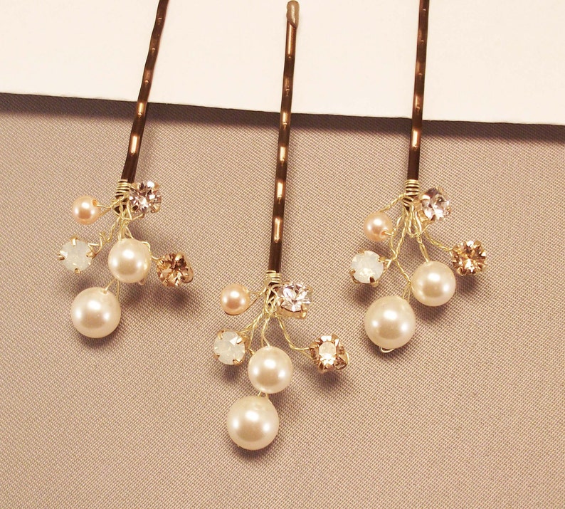 Wedding Hair Accessories,Choice of White or Cream Pearls and Swarovski Elements, Pearl Hair Clips, Peach and Cream Weddings, Hair Piece image 2