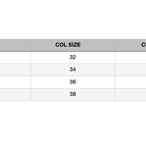 May include: A size chart with white text on a gray background. The chart includes US size, COL size, and cup size. US sizes range from S to XL. COL sizes range from 32 to 38. Cup sizes range from A-B to D-DD.