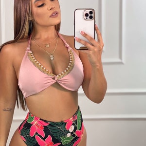 Two Piece Bikini Set- Yellow Triangle Twist Halter Top and High-waist Bottom