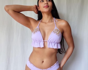 Two Piece Ruffled Triangle Top and High-waist Cheeky Tie-side Bikini Bottom