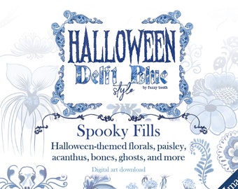 Halloween Digital Images in Delftware Style / Spooky Pack / Delft Blue / Chinoiserie / High Resolution PNG