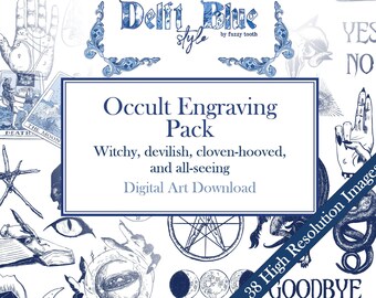 Halloween Digital Illustrations in Delftware Style / Occult Clips Pack / Delft Blue / Chinoiserie / High Resolution PNG / Vintage Engraving