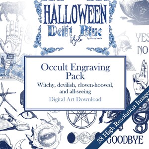 Halloween Digital Illustrations in Delftware Style / Occult Clips Pack / Delft Blue / Chinoiserie / High Resolution PNG / Vintage Engraving image 1