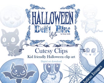 Halloween Digitale Bilder im Delftware Stil / Cutesy Clips Pack / Delft Blau / Chinoiserie / Hohe Auflösung PNG / Chibi / Kids