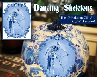 Halloween Delft-Style Clip Art - Dancing Skeletons / Instant Download / Decoupage and Decal