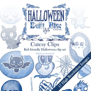 Halloween Digital Images in Delftware Style / Cutesy Clips Pack / Delft Blue / Chinoiserie / High Resolution PNG / Chibi / Kids image 1