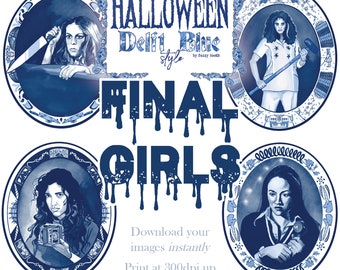 Final Girls - Retro Series / Halloween Digital Images in Delftware Style / INSTANT Clip Art Download / Delft Blue / High Resolution PNG