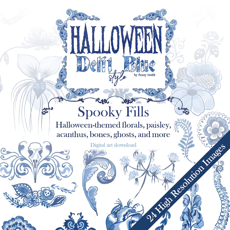 Halloween Digital Images in Delftware Style / Spooky Pack / Delft Blue / Chinoiserie / High Resolution PNG image 1
