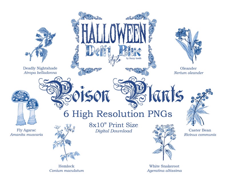 Halloween Digital Images in Delftware Style / Poison Plants Pack / Delft Blue / Chinoiserie / High Resolution PNG / Clip Art Download image 1