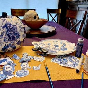 Halloween Digital Images in Delftware Style / Spooky Pack / Delft Blue / Chinoiserie / High Resolution PNG image 4