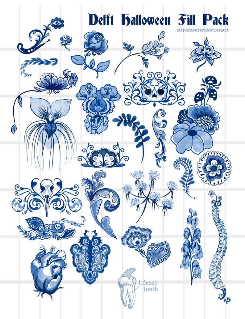 Halloween Digital Images in Delftware Style / Spooky Pack / Delft Blue / Chinoiserie / High Resolution PNG image 2