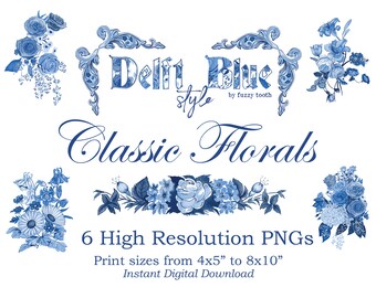 Classic Floral Digital Images in Delftware Style / Delft Blue / Chinoiserie / High Resolution PNG / Instant Clip Art Download