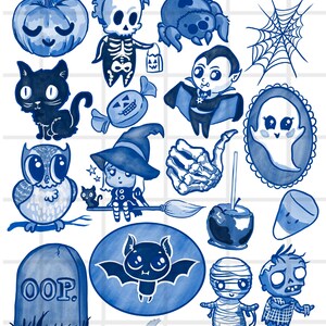 Halloween Digital Images in Delftware Style / Cutesy Clips Pack / Delft Blue / Chinoiserie / High Resolution PNG / Chibi / Kids image 2