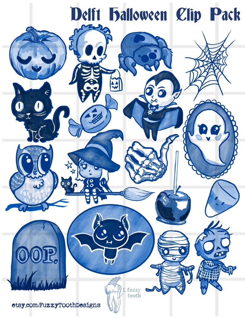 Halloween Digital Images in Delftware Style / Cutesy Clips Pack / Delft Blue / Chinoiserie / High Resolution PNG / Chibi / Kids image 2