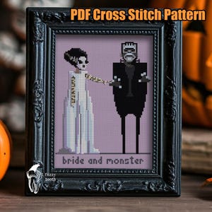 Könnte beinhalten: Ein gerahmtes Kreuzstichmuster mit der Braut von Frankenstein und Frankensteins Monster. Das Design ist in Schwarz, Weiß und Lila gehalten, mit dem Text "PDF Cross Stitch Pattern" oben und "bride and monster" unten.