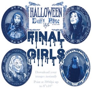 Final Girls - Bloody Serie / Halloween Digitale Bilder im Delftware Stil / INSTANT Clip Art Download / Delft Blau / High Resolution PNG
