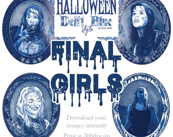 Final Girls - Bloody Series / Halloween Digital Images in Delftware Style / INSTANT Clip Art Download / Delft Blue / High Resolution PNG