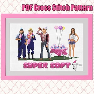 May include: A framed cross-stitch pattern with a pink border. The image features pixelated figures at a party, with text that reads "PDF Cross Stitch Pattern" and "SUPER SOFT". A tooth graphic is in the lower right corner.