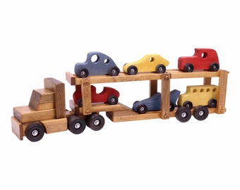 Wooden Car Hauler with 6 Cars