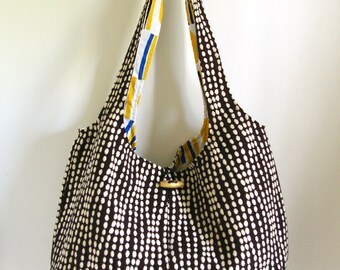 hand-made, reversible, vegan, cloth, bag, abstract, market bag, black/white, yellow, blue, medium, tote, wooden button, women's, style, gift