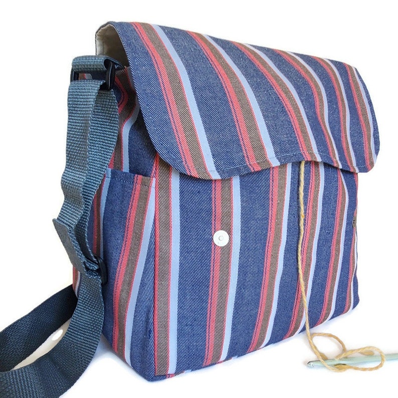 knitting bag Pockets crochet tote Messenger vinyl Stripes Yarn snag free Organizer Denim supplies Reduced Price