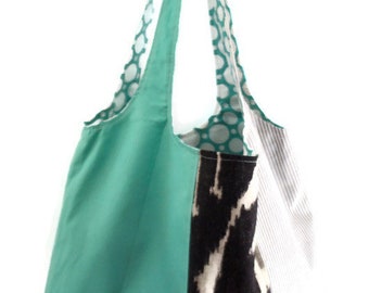 Sea-foam, black and white, handbag, Market, Tote, reversible, Patchwork, Polka-Dots!