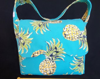 Turquoise, Yellow, Pinapple, Knitting, Bag, Snaps, Tropical Print, Pockets, Large, Women's, Crochet, Project, Tote, Handbag, Organizer