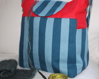 Knitting Bag, Yarn Dispenser, Organize!, Handbag, 7 Pockets!, Hand-Made, vinyl Interior, women, crochet, striped, patriotic, Summer style,