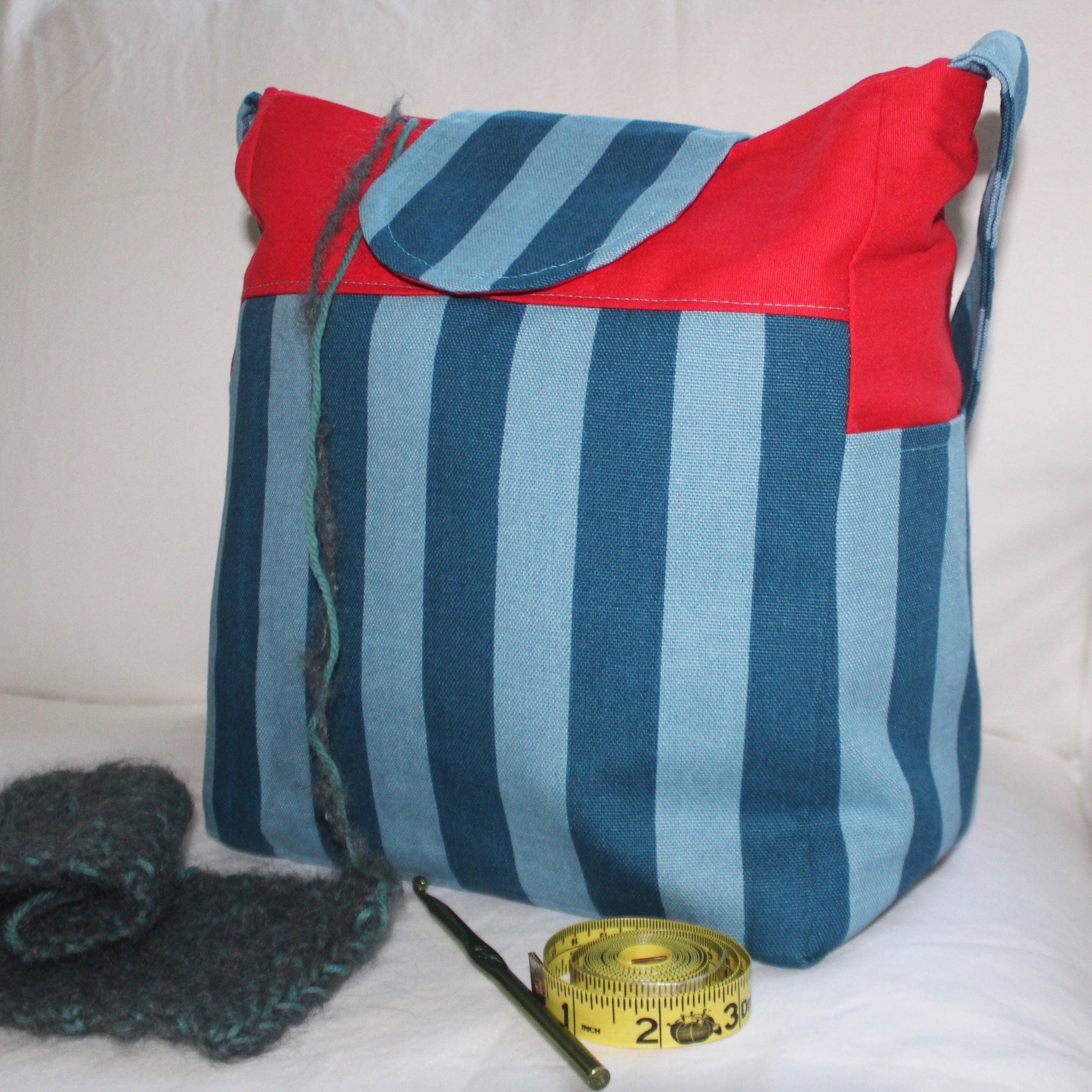 knitting bag Pockets crochet tote Messenger vinyl Stripes Yarn snag free Organizer Denim supplies Reduced Price