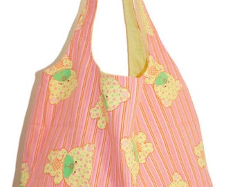 Baby GIFT, Toy Tote, pink yellow, bears, new parent ,Reversible, cotton, baby shower, washable, toy storage, Eco-Friendly, TO-GO bag, vegan