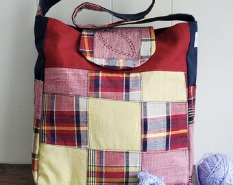 Navy, red, Patchwork,Messenger, handbag, knitting, tan, beige, up cycled, cross body bag, Crochet, Yarn, purse, 7 pockets for everything