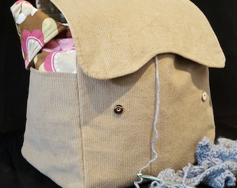 Tan Corduroy, Knitting Bag, pink flowers, Organizer, crochet tote, Yarn Dispenser, Women's, handbag, Project bag, Pockets, Yarn dispenser