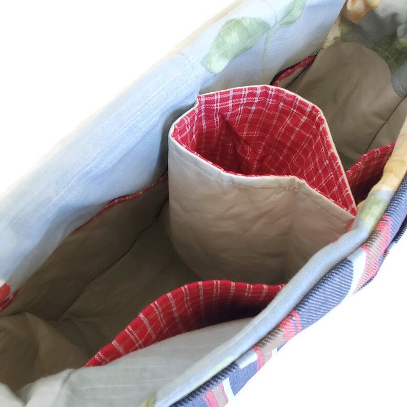 knitting bag Pockets crochet tote Messenger vinyl Stripes Yarn snag free Organizer Denim supplies Reduced Price