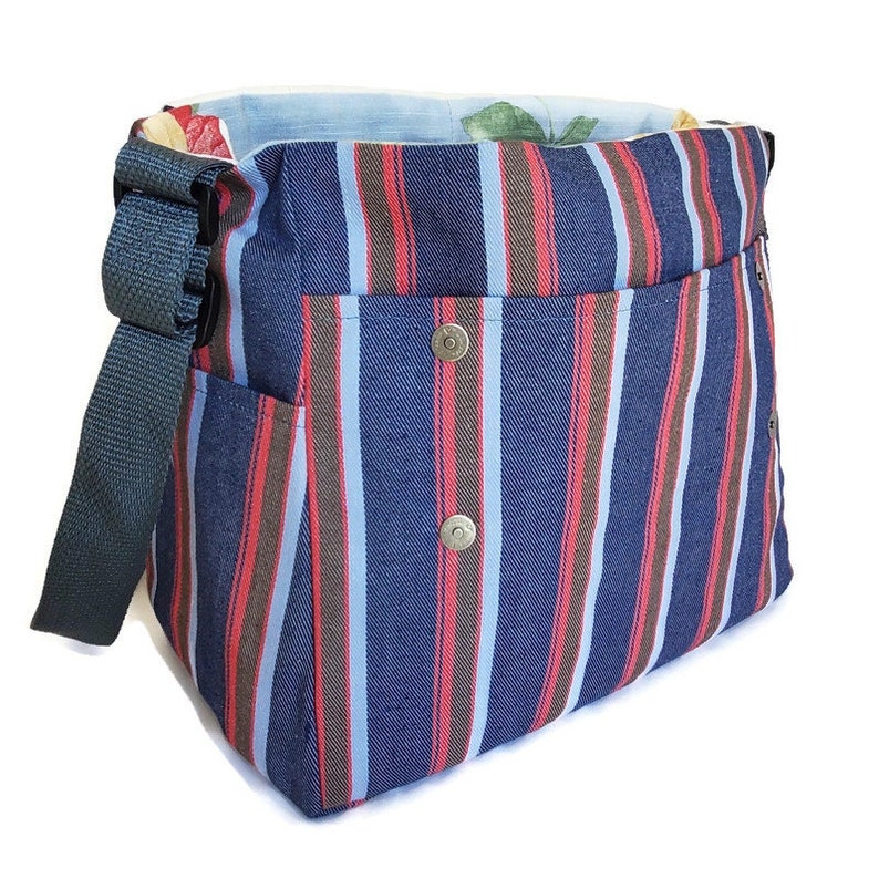 knitting bag Pockets crochet tote Messenger vinyl Stripes Yarn snag free Organizer Denim supplies Reduced Price